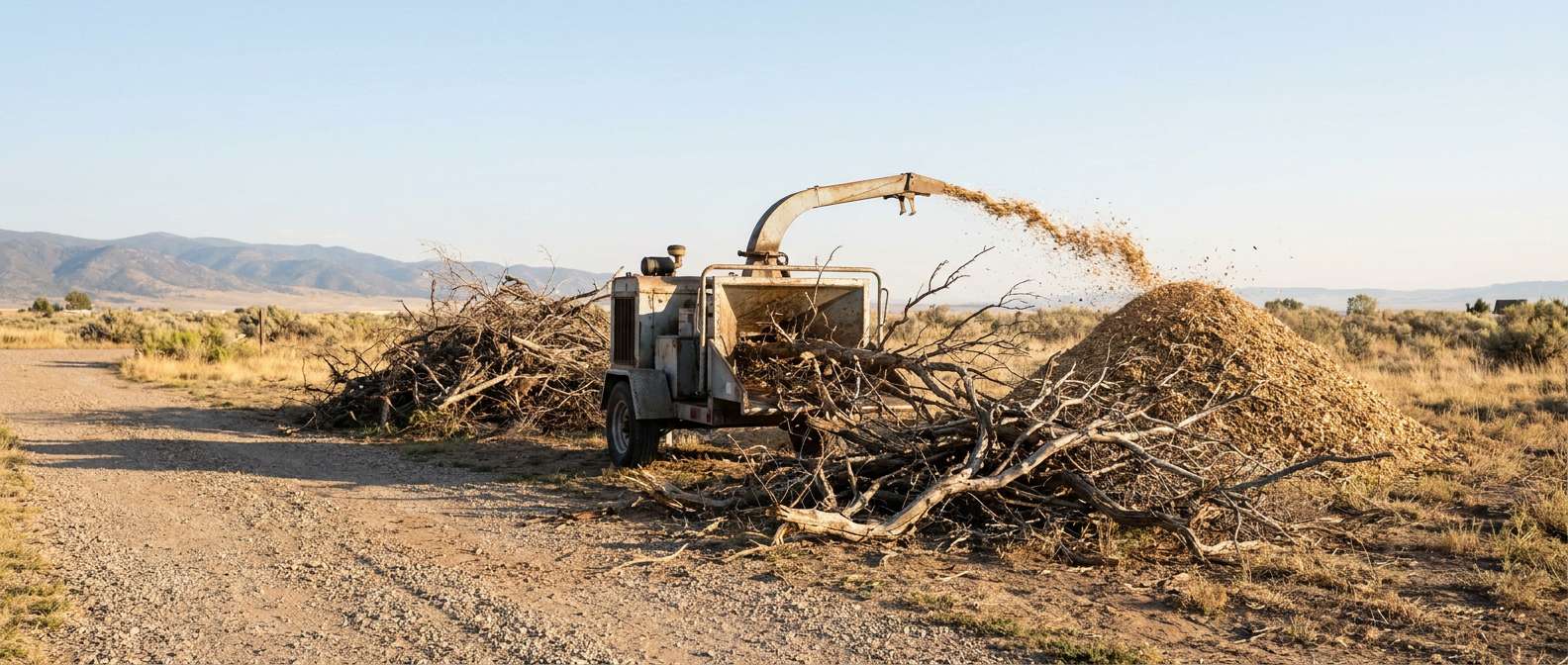 Wood chipper processing stacked branches into chips on a residential property