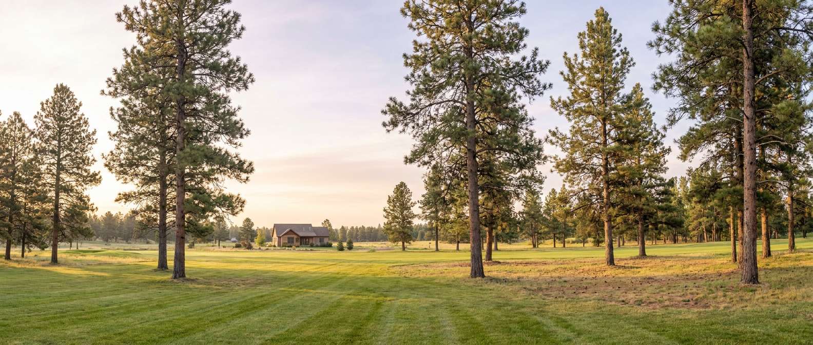 Home site with cleanly cleared defensible space, spaced pines and open ground in Colorado