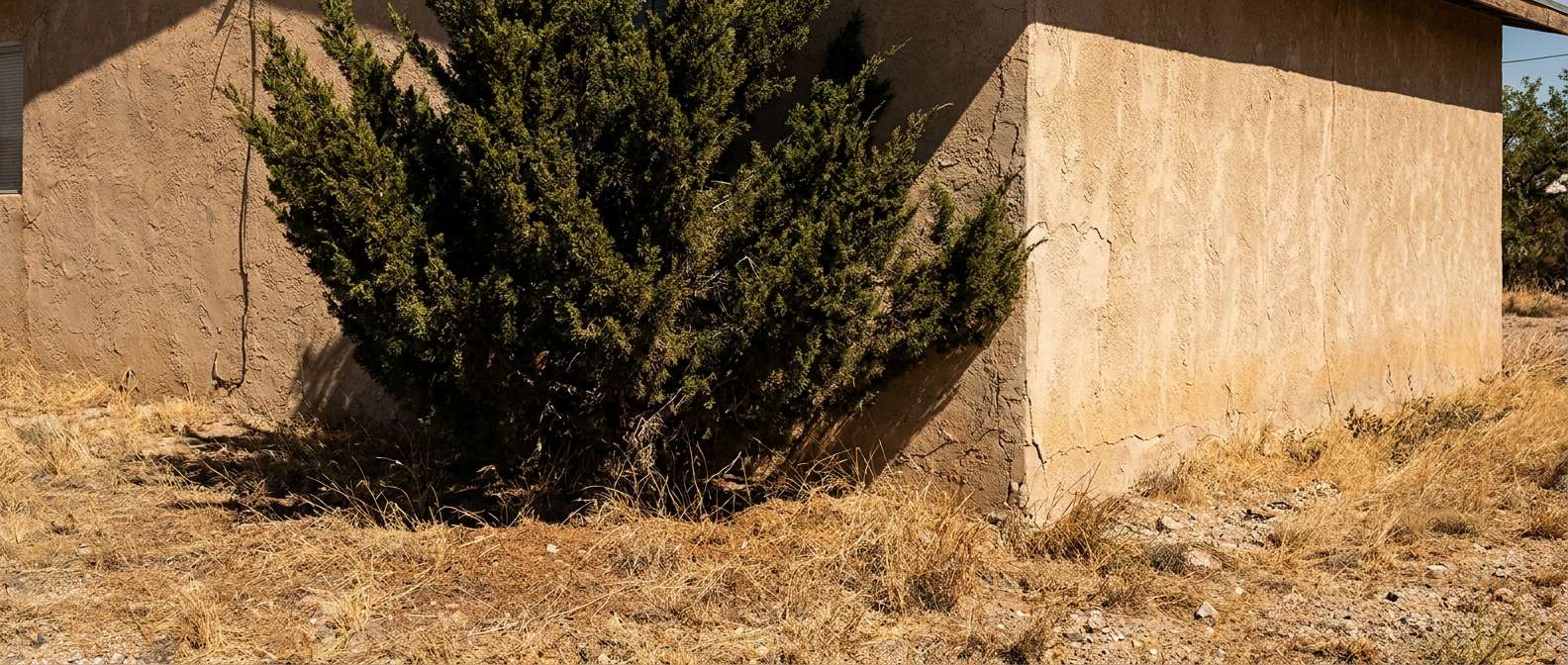 Dense green juniper shrub growing directly against the exterior wall of a stucco home
