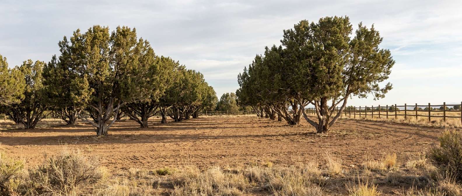 Juniper trees with lower limbs cleanly pruned above bare ground on an open Colorado lot