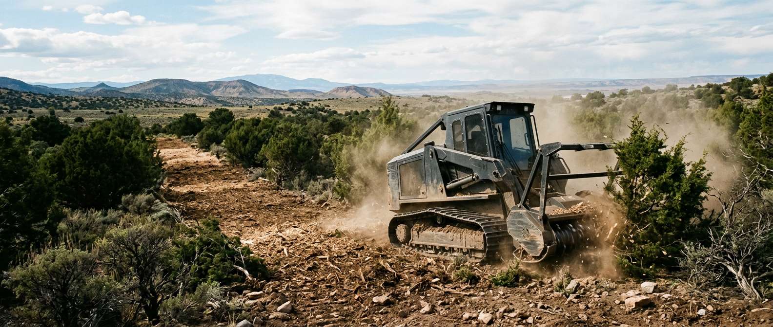 Tracked skid steer with a forestry mulching drum working through juniper and brush on open Colorado terrain