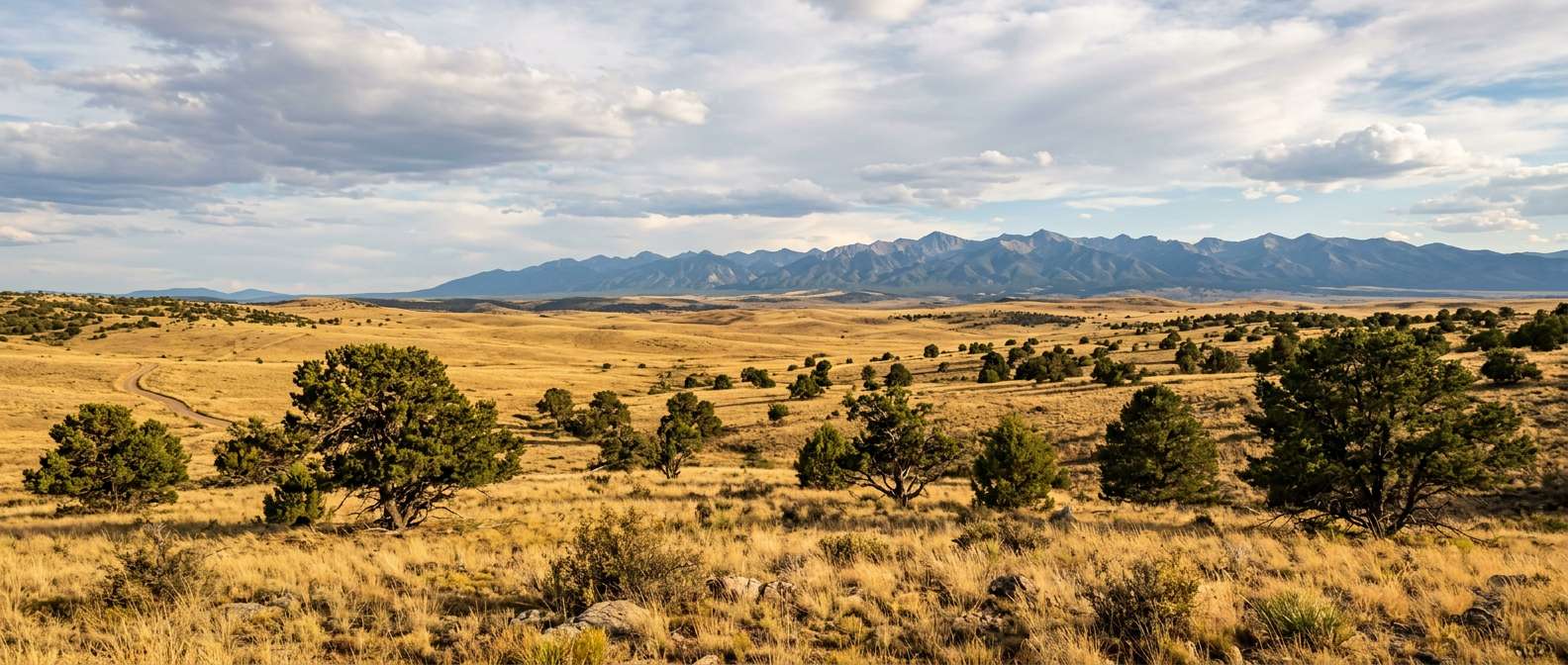 Pinon and juniper scattered across open grassland with the Wet Mountains on the horizon southwest of Pueblo