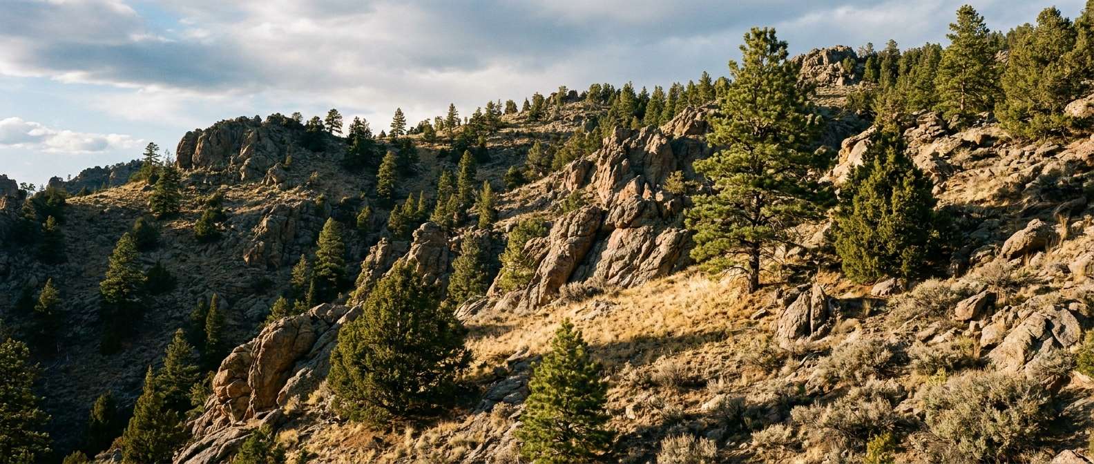 Steep rocky foothills slope with scattered pines and exposed rock in the Wet Mountains
