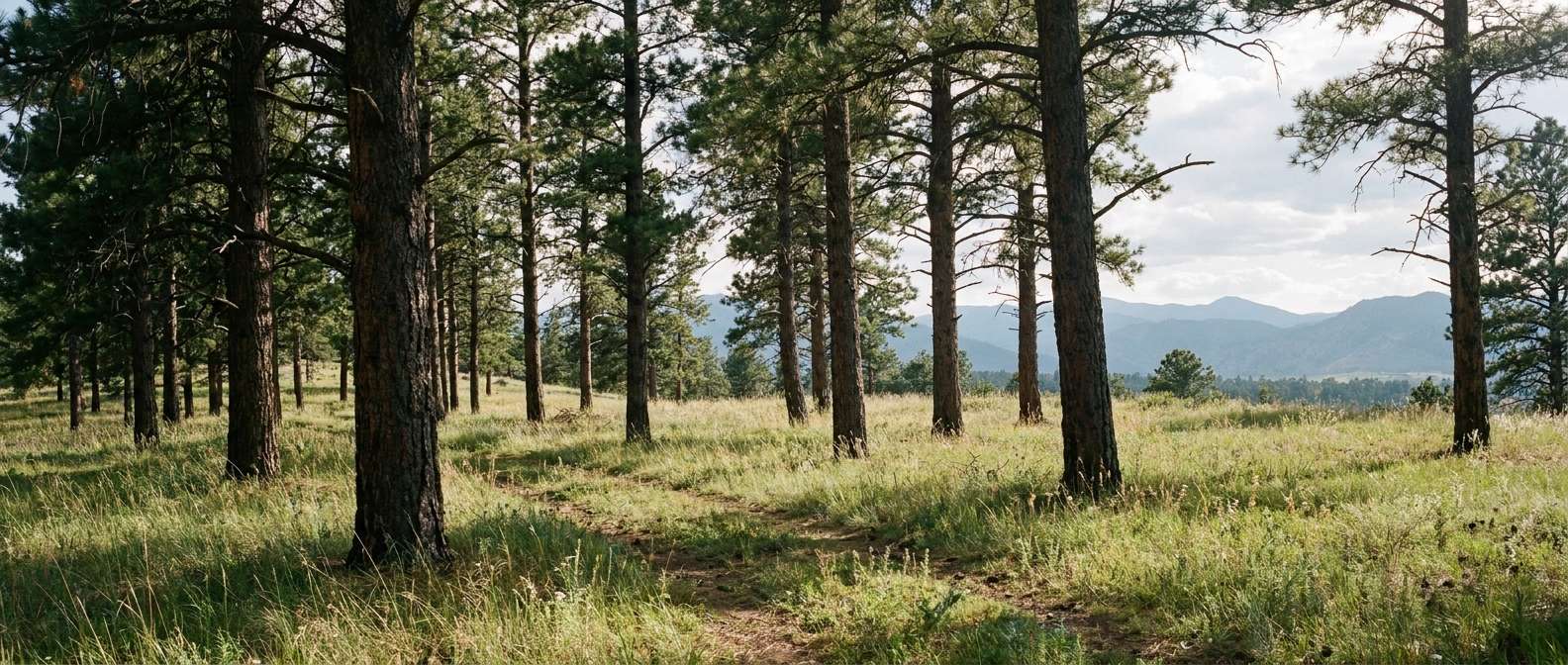 Open, well-spaced ponderosa pine stand with a clean grassy floor in Colorado foothills